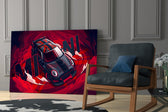 Motorsport panel against a concrete-look or wood-paneled accent wall