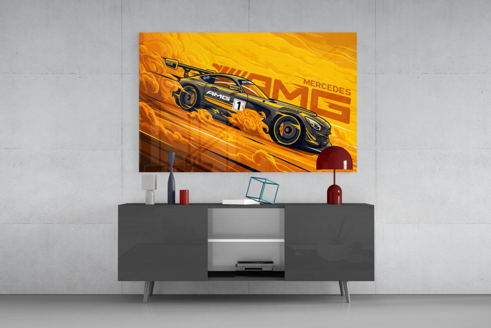 AMG Fire Yellow glass wall art catching light to reveal its inked detail