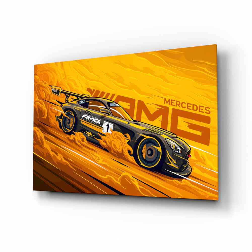 AMG Fire Yellow Speed motorsport glass wall art in a modern man cave