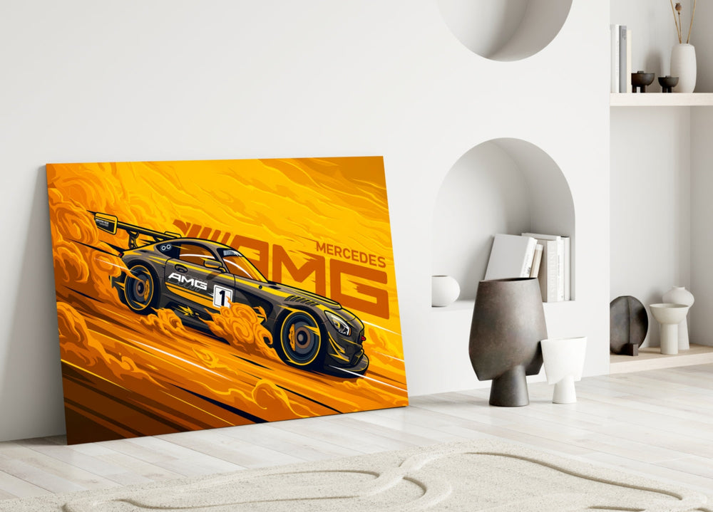 Close-up detail of the AMG GT and marigold flame smoke behind glass