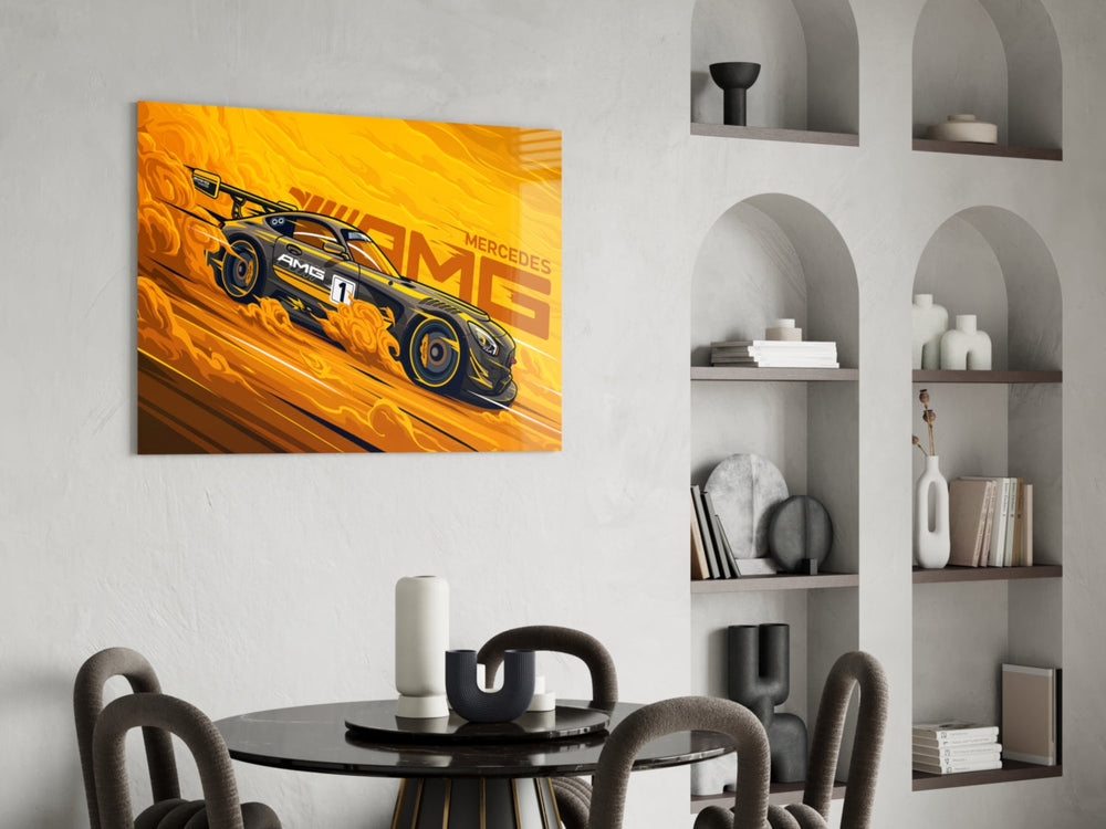 Comic-style glass print bringing motorsport edge to an executive office