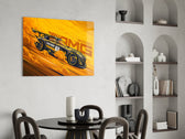 Comic-style glass print bringing motorsport edge to an executive office