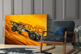 Motorsport panel against a concrete-look or wood-paneled accent wall