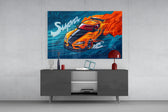 Supra Blazing Speed glass wall art catching light to reveal its inked detail