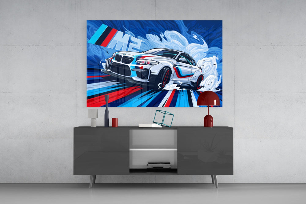 BMW M2 glass wall art catching light to reveal its inked detail