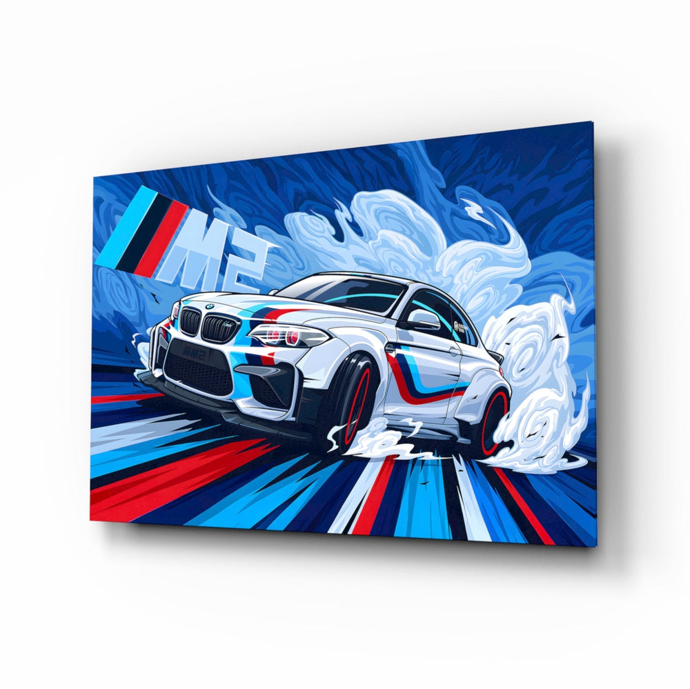 BMW M2 Dance of Speed glass wall art in a modern man cave