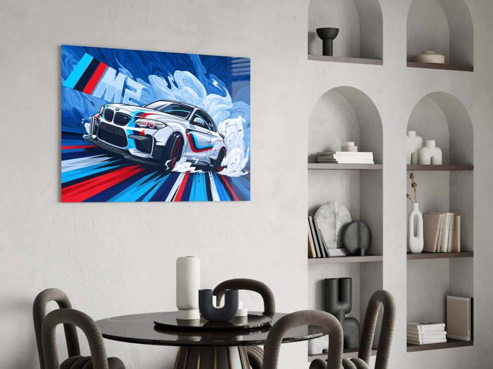Comic-style glass print bringing M-Sport heritage to an executive office