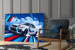 Motorsport panel against a concrete-look or wood-paneled accent wall