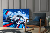 Motorsport panel against a concrete-look or wood-paneled accent wall