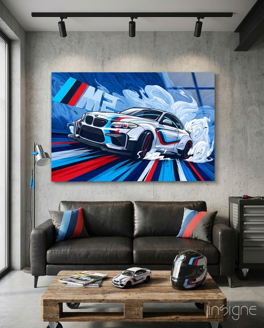 BMW M2 Dance of Speed Glass Wall Art || Designer Collection - Lifestyle preview in a designer interior