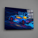 Designer-collection rally panel anchoring a garage lounge wall