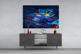 Subaru BRZ glass wall art catching light to reveal its inked detail