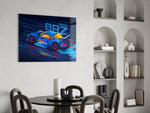 Comic-style glass print bringing rally edge to an executive office