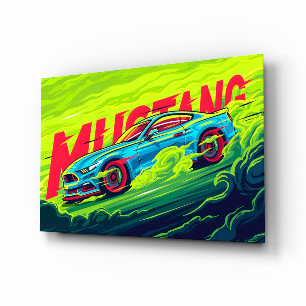 Roaring Mustang muscle-car glass wall art in a modern man cave