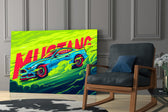 Motorsport panel against a concrete-look or wood-paneled accent wall