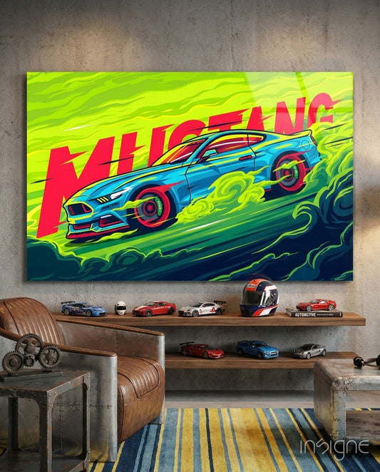 Roaring Mustang Glass Wall Art || Designer Collection - Lifestyle preview in a designer interior