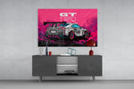 GT-R Pink Storm glass wall art catching light to reveal its inked detail
