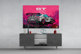 GT-R Pink Storm glass wall art catching light to reveal its inked detail