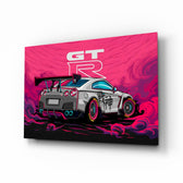 GT-R Pink Storm motorsport glass wall art in a modern man cave