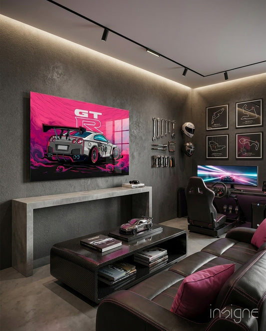GT-R Pink Storm Glass Wall Art || Designer Collection - Lifestyle preview in a designer interior