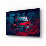EVO X Red Storm motorsport glass wall art in a modern man cave