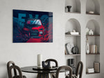 Comic-style glass print bringing rally edge to an executive office