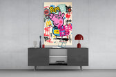 Urban Peppa glass wall art catching light to reveal its layered tags