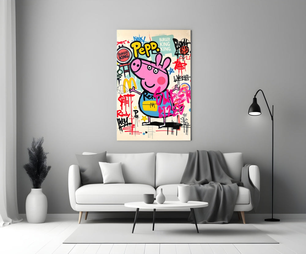 Close-up detail of Peppa Pig and brand graffiti behind glass
