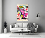 Close-up detail of Peppa Pig and brand graffiti behind glass