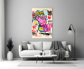 Close-up detail of Peppa Pig and brand graffiti behind glass