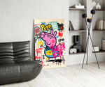 Pop-graffiti glass print bringing wit to a designer's boutique
