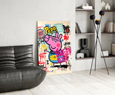 Pop-graffiti glass print bringing wit to a designer's boutique