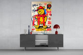 Honey of Brands glass wall art catching light to reveal its layered tags