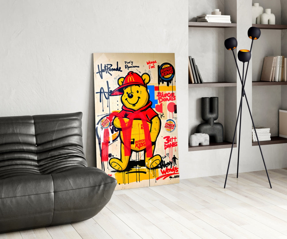 Pop-graffiti glass print bringing wit to a designer's boutique