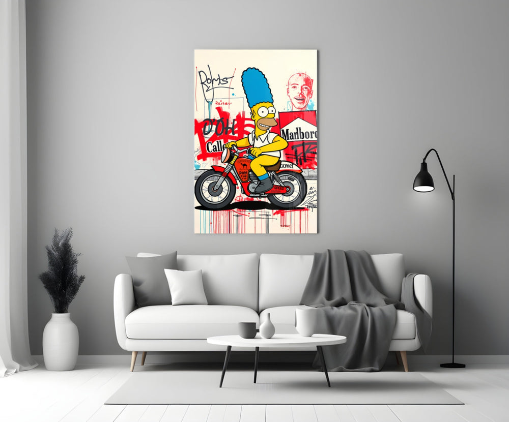 Close-up detail of Homer and Marge on dirt bike with brand graffiti behind glass