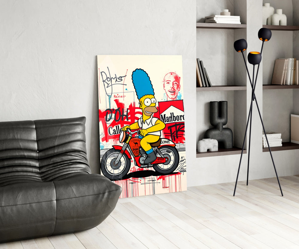 Pop-graffiti glass print bringing wit to a barbershop interior