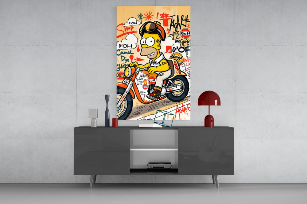 Biker Homer Gulf Style glass wall art catching light to reveal its layered tags