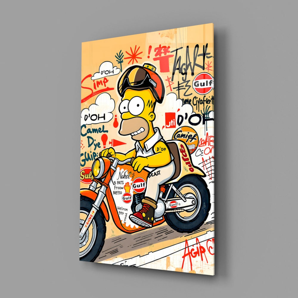 Cartoon-motorsport panel anchoring a garage lounge wall