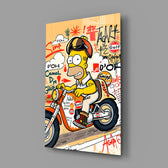 Cartoon-motorsport panel anchoring a garage lounge wall