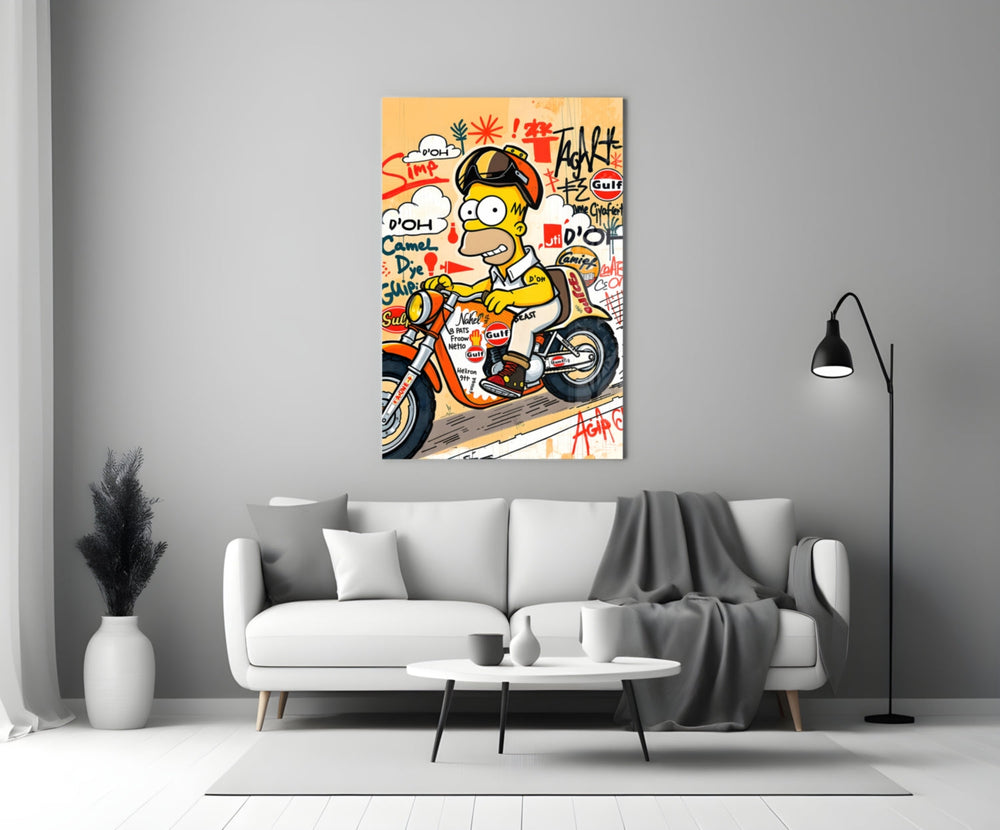 Close-up detail of Homer on Gulf café racer with motorsport graffiti behind glass