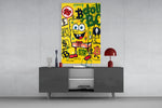 Crypto SpongeBob glass wall art catching light to reveal its layered tags