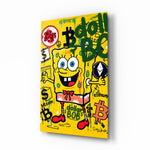 Crypto SpongeBob pop-graffiti glass wall art in a modern tech-startup lounge