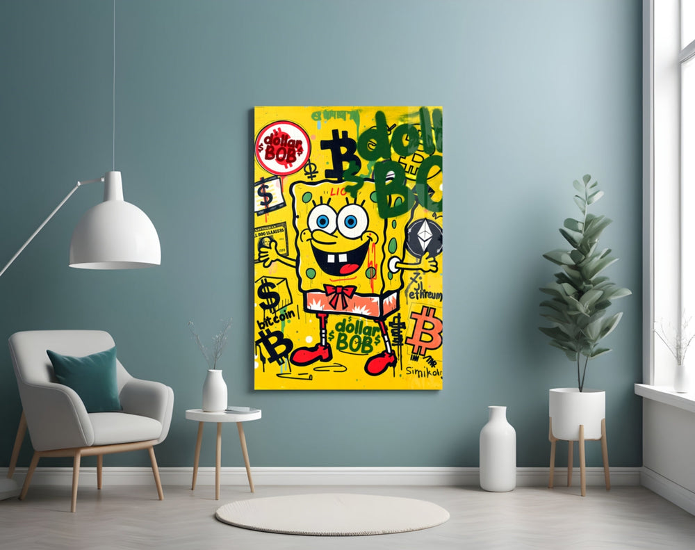 Crypto SpongeBob artwork styled in a teen's bedroom with vibrant accents
