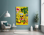 Crypto SpongeBob artwork styled in a teen's bedroom with vibrant accents