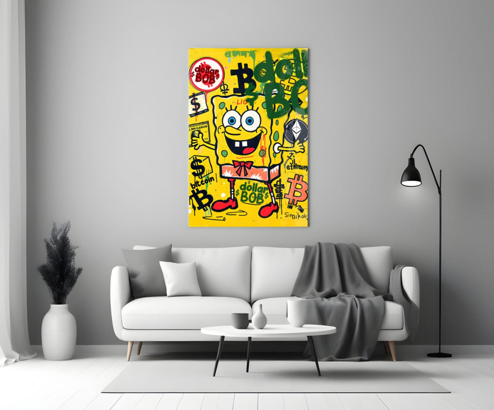 Close-up detail of SpongeBob with crypto coins and dollar tags behind glass