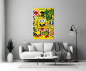 Close-up detail of SpongeBob with crypto coins and dollar tags behind glass