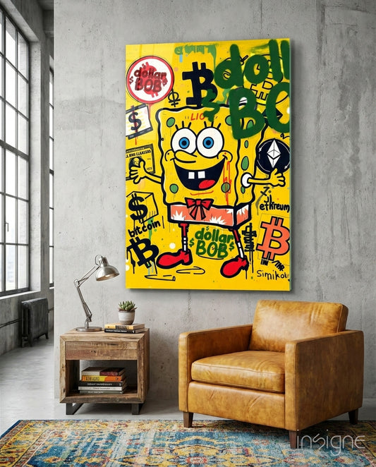Crypto Yellow Sponge Cartoon Glass Wall Art || Designer Collection
