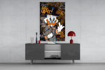 Rebel Scrooge glass wall art catching light to reveal its baroque depth