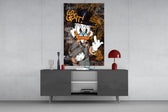 Rebel Scrooge glass wall art catching light to reveal its baroque depth