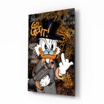 Rebel Scrooge pop-graffiti glass wall art in a modern executive office